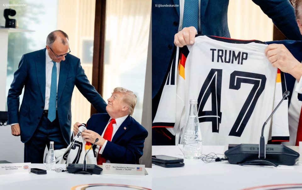 video/-gjesti-simbolik-i-merz-ne-samitin-e-g7,-kancelari-gjerman-i-dhuron-trump-fanelle-te-kombetares-me-numrin-47-per-80-vjetorin